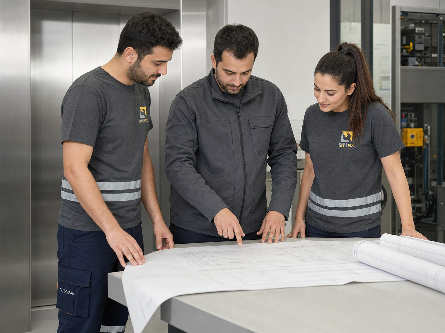 Teknik çizim üzerinde birlikte çalışan Fix Mühendislik ekibi