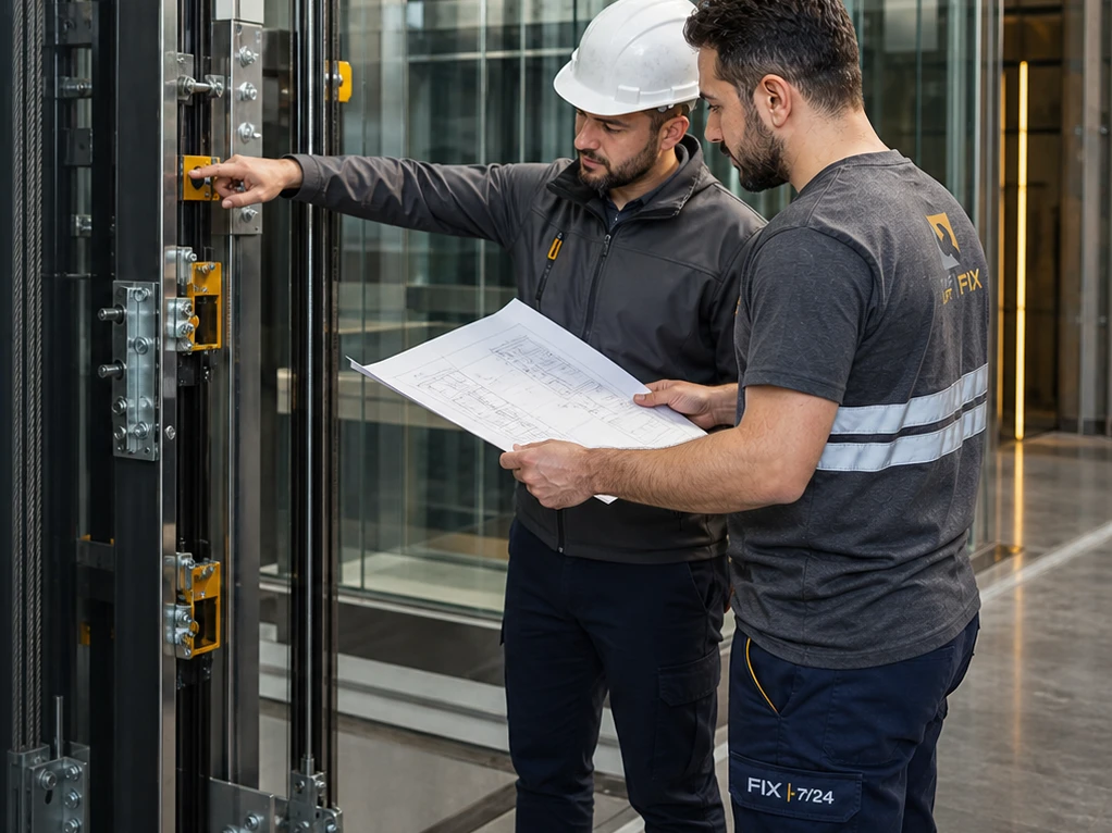 Asansör sahasında teknik çizimi inceleyen Fix Mühendislik ekibi