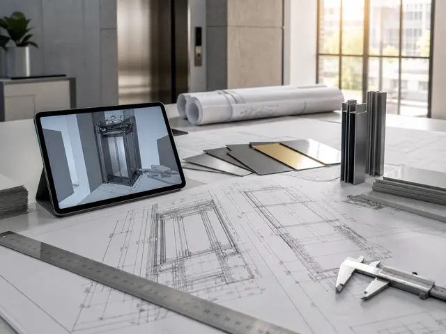 Asansör teknik çizimleri, tablet ve ölçüm araçları