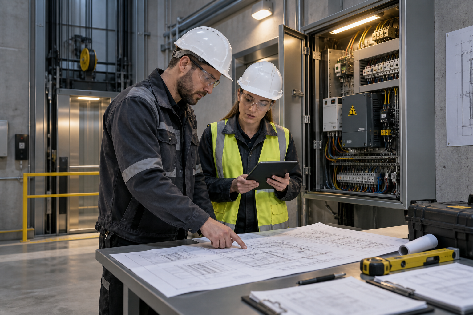 Teknik çizimler üzerinde proje planlayan iki mühendis