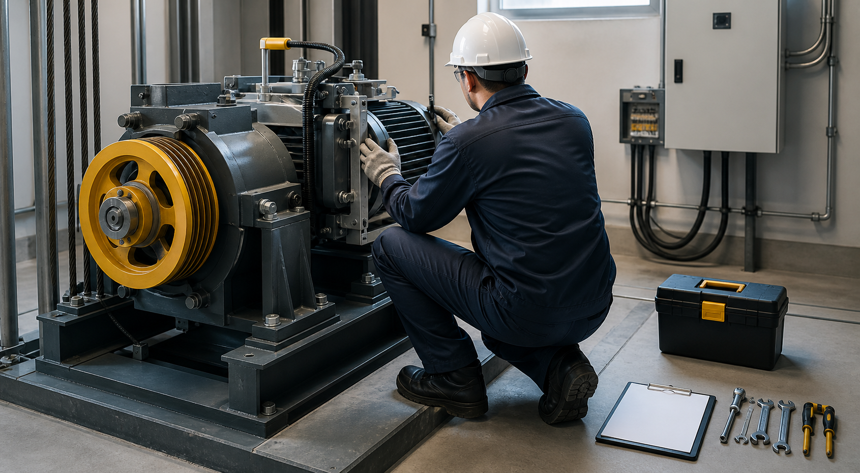 Asansör arıza servisinde teknik ekip tarafından yapılan kontrol